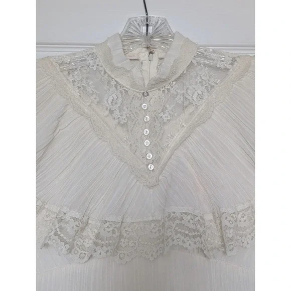 VTG 70s Prairie Maxi Dress Ivory Lace Victorian Revival S Boho Cottagecore Bride - Picture 4 of 16